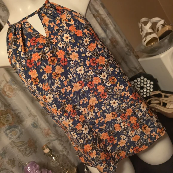 NWOT SHEIN Navy Floral Halter Neck Blouse with Orange & Cream Flowers - Picture 1 of 2